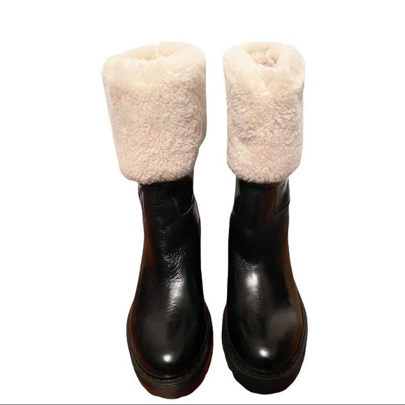 Marc Fisher Willoele Black Leather Shearling Collar Calf High Boots - Picture 4 of 8